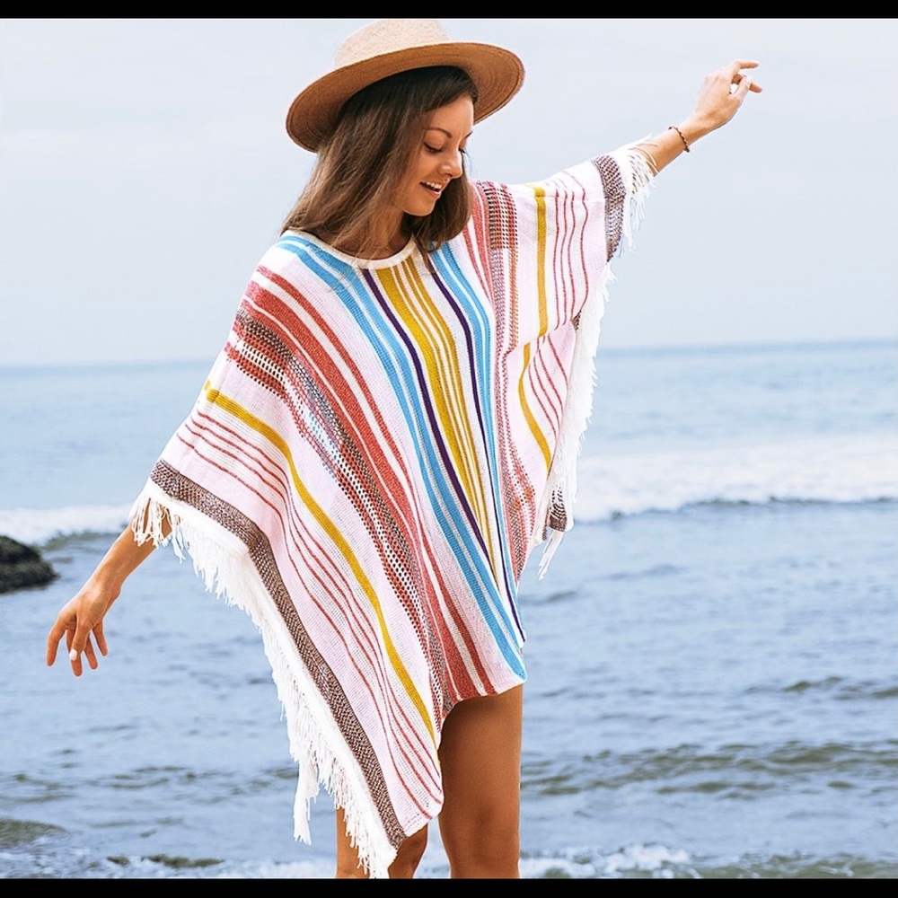 Colorful vertical stripes cover up with tassels.